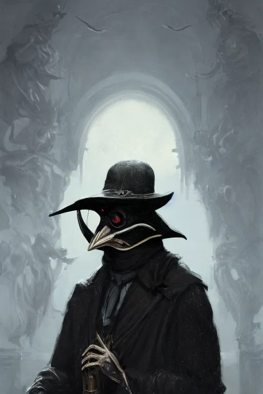 Image similar to A fancy portrait of a 1300's Plague Doctor with a beak mask by Greg Rutkowski, Sung Choi, Mitchell Mohrhauser, Maciej Kuciara, Johnson Ting, Maxim Verehin, Peter Konig, Bloodborne, 8k photorealistic, cinematic lighting, HD, high details, dramatic, dark atmosphere, trending on artstation