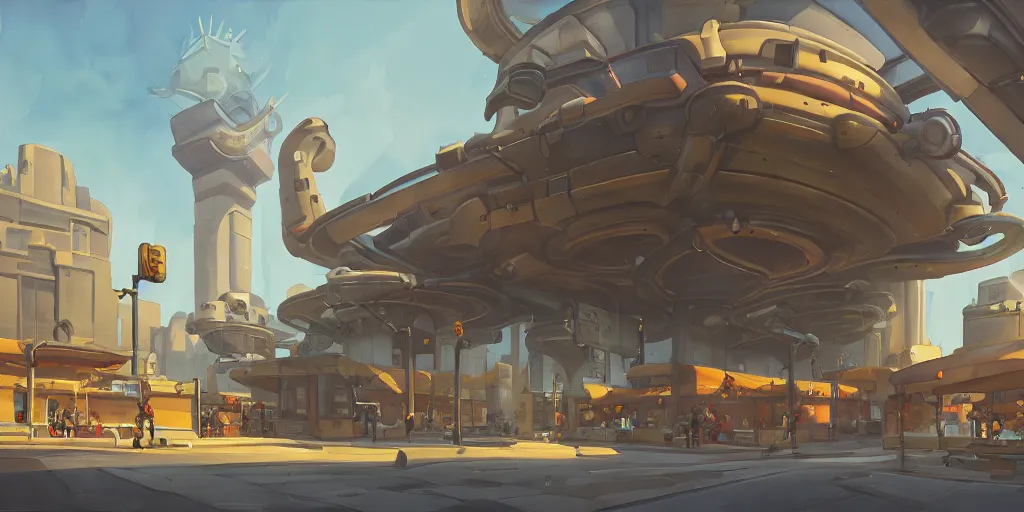 Prompt: overwatch building, stylized, exterior, architecture, in watercolor gouache detailed paintings, insanely detail, artstation, 8 k, futuristic, big medium small, arcane, simon stalenhag, food stall, interesting shapes & form, golden ratio, megastructures, vitaly bulgarov