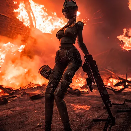 Image similar to beautiful android girl in full battle gear in a destroyed city, surrounded by fire, ground fog, moody lighting, 8 k, shallow depth of field, cinematic lighting,