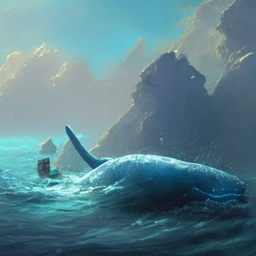 Prompt: a crypto whale looking for a treasure underwater near to reefs by greg rutkowski and thomas kinkade, trending on artstation, 3 d art station
