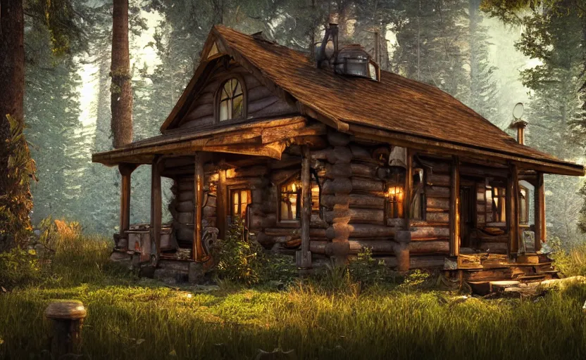 Prompt: photorealistic steampunk cabin in the forest. daylight stars. light fixtures. 8K. detailed. photorealism. artstation. 14 mm. ultra realistic