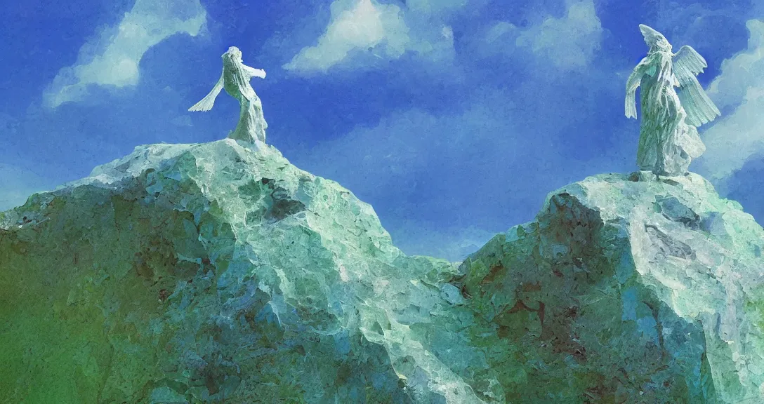 Prompt: an angelic statue on a cliff made of bluish green crystal, vibrant colors, blue sk, Vija Celmins, wide angle, volumetric light, 8k, concept art, dramatic brushstrokes