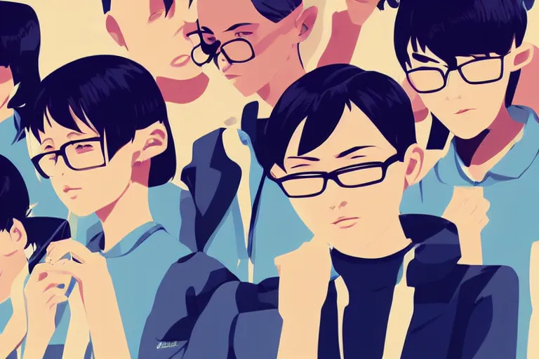 Image similar to students in the school. clean cel shaded vector art. illustration art by ilya kuvshinov