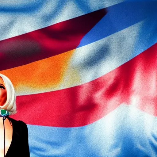 Image similar to Lady Gaga as president, Argentina presidential rally, Argentine flags behind, bokeh, giving a speech, detailed face, Argentina