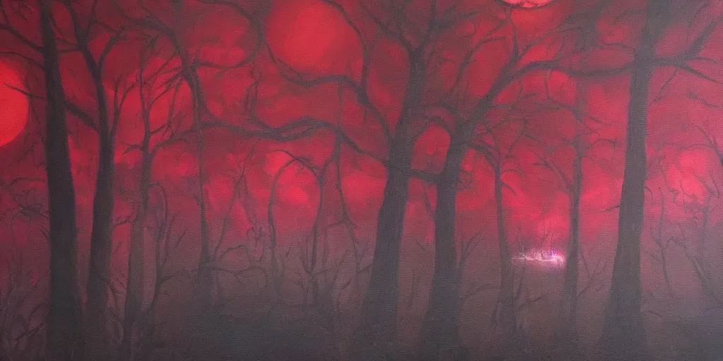 Image similar to a beautiful oil painting of a dark forest under the blood moon, thunderstorm in the sky red lighting gloomy atmospheric