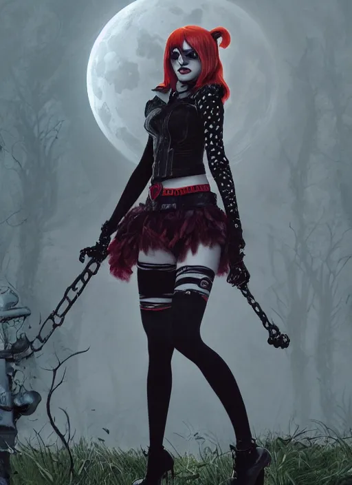 Image similar to goth gothic portrait of emma stone as harley quinn, graveyard, full moon, mist, hyper detailed, digital art, cinematic lighting, studio quality, smooth render, unreal engine 5, octane rendered, art style by klimt and nixeu and ian sprigger and krenz cushart.