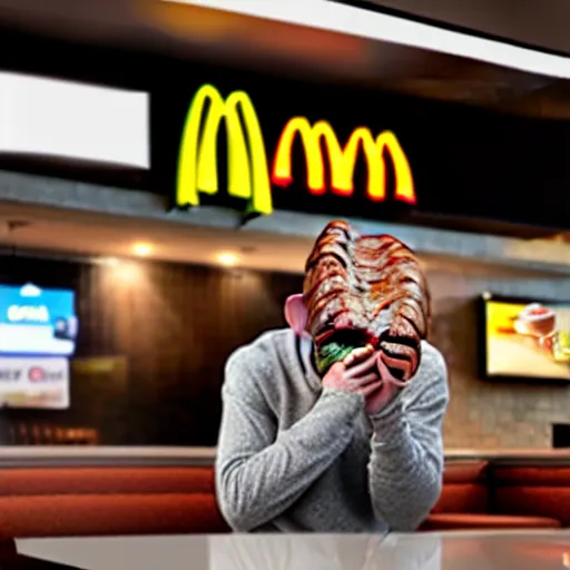 Image similar to photograph of a man with a steak head begging for food at mc donalds, 8k resolution, high detail, ULTRA REALISTIC VFX, reflections