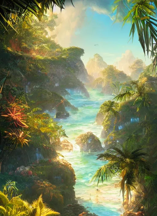 Prompt: Detailed exterior of sunny island, sparkling cove, epic light, sparkling cove, tropical landscape, lush vegetation, bamboo huts, In style of Peter Mohrbacher, artstation