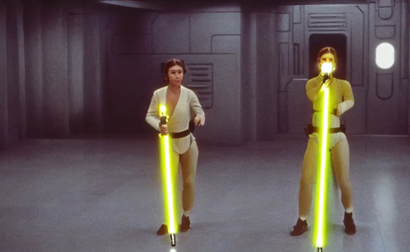 Image similar to screenshot portrait Leia training to use a yellow lightsaber at a new Jedi Temple scene from The Force Awkakens, 1970s film by Stanley Kubrick, serene, iconic scene, stunning cinematography, hyper detailed, sharp, anamorphic lenses, kodak color film, 4k