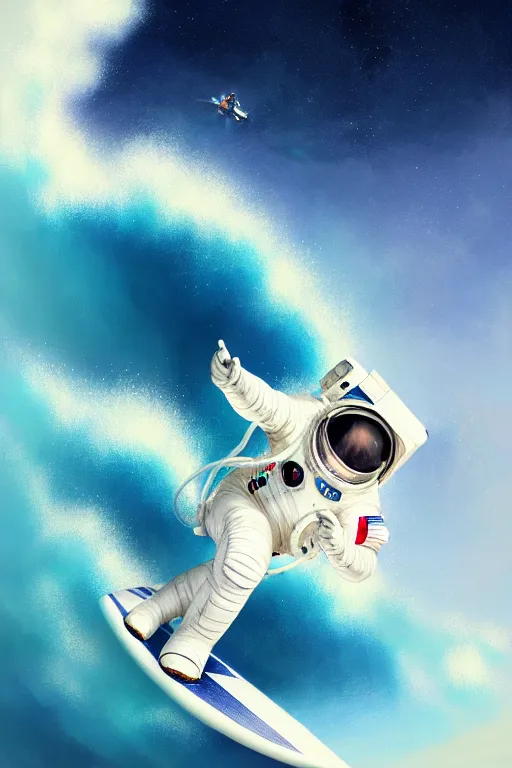 Prompt: a beautiful digital painting of an astronaut in a white space suit surfing the great wave on a surfboard by greg rutkowski, photorealistic, trending on artstation, octane render