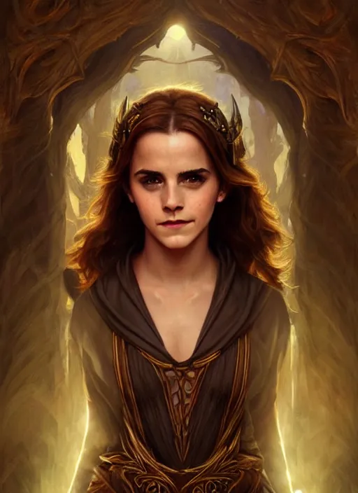 Image similar to emma watson as magic druid, shiny background, intricate, elegant, highly detailed, digital painting, artstation, concept art, smooth, sharp focus, illustration, artgerm, bouguereau