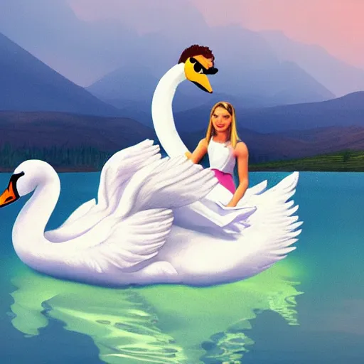 Prompt: a princess riding a giant swan in the lake, trending on artstation