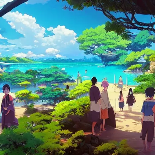 Image similar to azure bliss lagoon with brand new colors, anime landscape, makoto shinkai and hayao miyazaki, breathtaking, colourful,