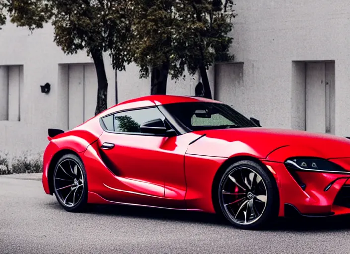 Image similar to Cannon photo of red Toyota supra made in 2022 front sideview parked on street