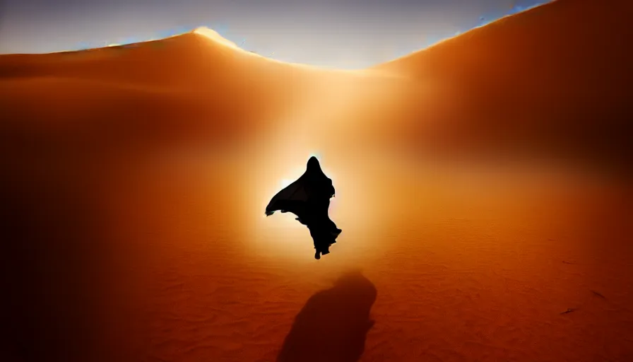 Image similar to arab woman in niqab floating mid - air in the desert, light, shadows, rippling reflections, steam, epic composition, intricate, elegant, volumetric lighting, digital painting, highly detailed, artstation, sharp focus, illustration, concept art, ruan jia, steve mccurry