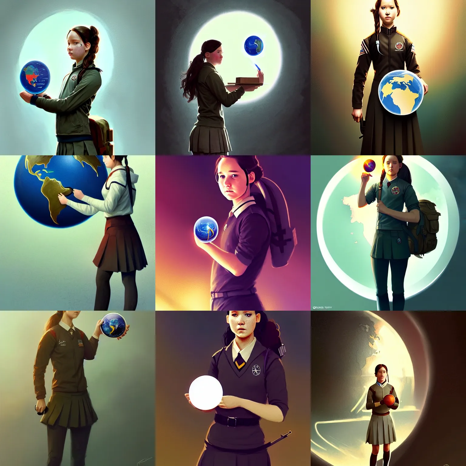 Prompt: a laboratory, ( ( ( ( ( katniss everdeen ) ) ) ) ) as a student, wearing a school uniform, is holding a tiny planet earth, digital art, greg rutkowski, artstation