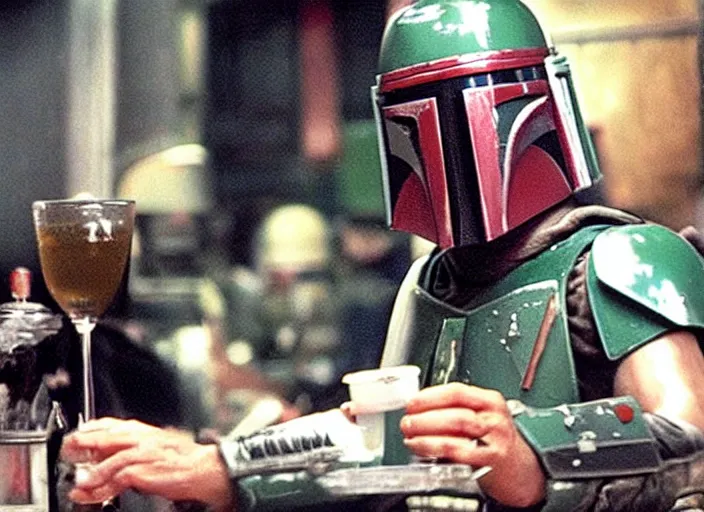 Prompt: boba fett drinking a bar in the movie swingers