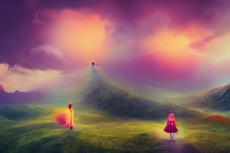 Image similar to giant dahlia flower crown under head, girl walking on mountain, surreal photography, colorful storm clouds, dramatic sunset, impressionist painting, digital painting, artstation, simon stalenhag