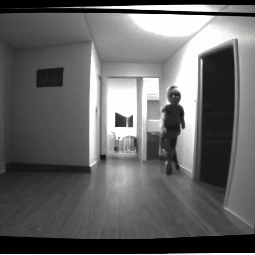 Prompt: scary kid walking inside a bedroom night time, dashcam footage, black and white, security cam, spooky.