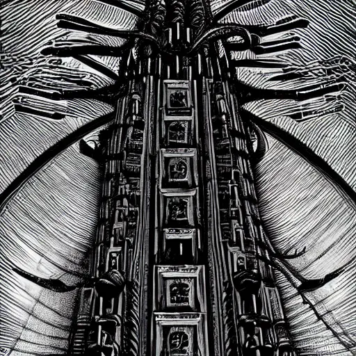 Image similar to barad - dur in the style of h. r. giger