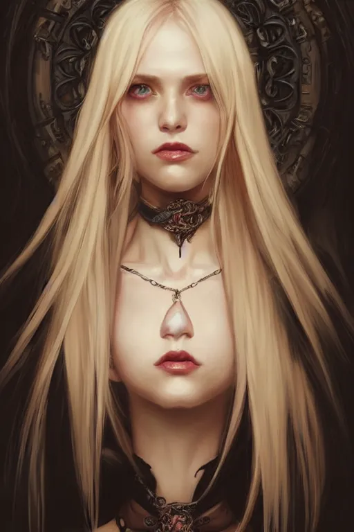 Image similar to Portrait of seductive female necromancer, D&D, revealing stylish dress, choker on neck, long blonde hair, mouth slightly open, slight nerdy smile, fantasy, intricate, elegant, highly detailed, digital painting, artstation, concept art, smooth, sharp focus, illustration, art by artgerm and greg rutkowski and alphonse mucha