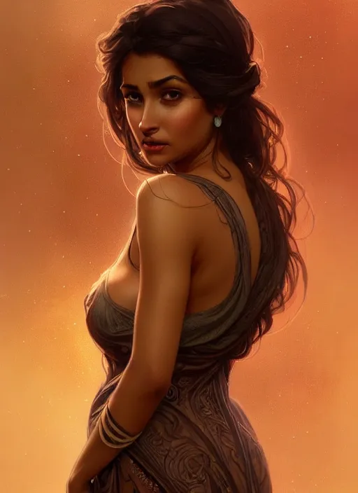 Image similar to cute brown woman wearing a transparent night gown, fantasy, intricate, highly detailed, digital painting, artstation, concept art, wallpaper, smooth, sharp focus, illustration, art by artgerm and greg rutkowski and alphonse mucha