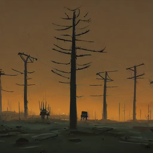 Prompt: drawing in the style of Simon stalenhag, desolate, postapocalyptic, atmospheric, 4k