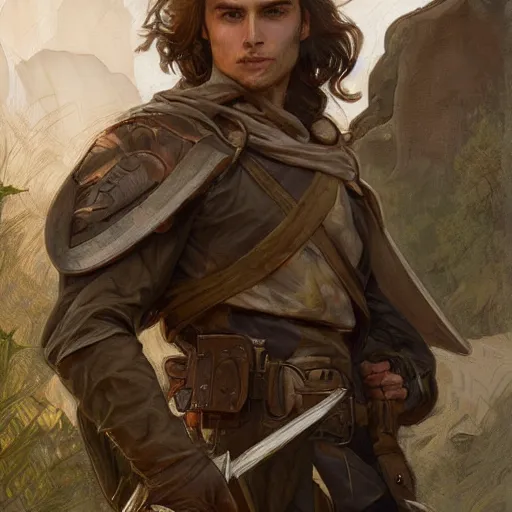 Prompt: portrait of a young rugged ranger holding his longsword up, hands, muscular, upper body, D&D, fantasy, intricate, elegant, highly detailed, digital painting, artstation, concept art, smooth, sharp focus, illustration, art by Artgerm and Greg Rutkowski and Alphonse Mucha