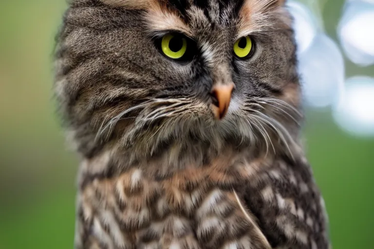 Image similar to a cat owl!!! hybrid! hyper realistic!! realistic lighting!! wildlife photographer of the year!!! bold natural colors, national geographic, hd, wide angle, 8 k