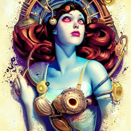 Prompt: lofi underwater bioshock steampunk portrait of mermaid, Pixar style, by Tristan Eaton Stanley Artgerm and Tom Bagshaw.