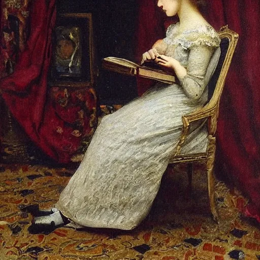 Image similar to young victorian lady being scared by the book she is reading, painted by alfred stevens