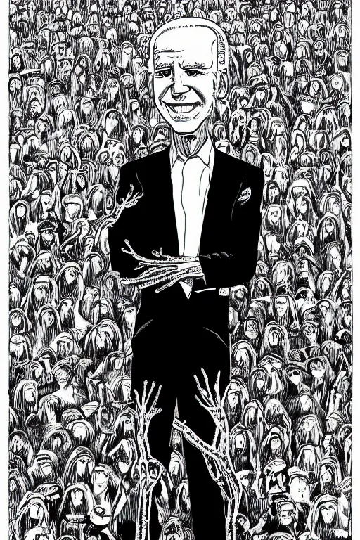 Image similar to Joe Biden full body portrait, body horror, black and white Illustration by Junji Ito