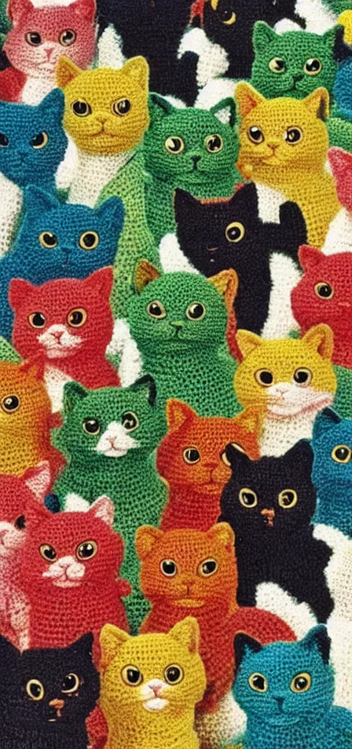 Image similar to multicolored crocheted cats, 1 9 5 0 s catalogue photo,