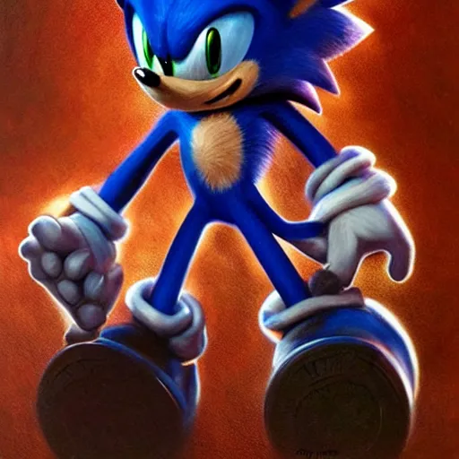 Image similar to a striking hyper real painting of Sonic the hedgehog , dark, metal, occult, by Glyn Smyth