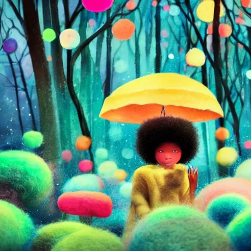 Prompt: a black girl with a colorful afro in a candy forest! at night, bokeh, bright colours, watercolor, volumetric wool felting, macro photography, children illustration, by goro fujita