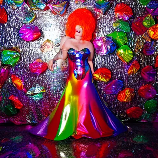 Image similar to jollyfish magazine cover photo, a woman wearing a dress made out of colorful dripping latex and a fancy intricate shiny reflective headdress made out of mirrors, standing in front of a detailed metallic backdrop made out of aluminum foil, shallow depth of field, super - detailed, volumetric lighting, light beams, sharp, no artifacts
