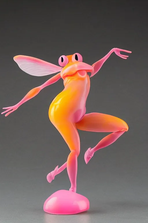 Image similar to a fat jelly super detailed anime figurine with fluo color detail, and muted arm colors, that looks like a insect, on top of a painting of plastic synthetic ionized metal flower sculptures