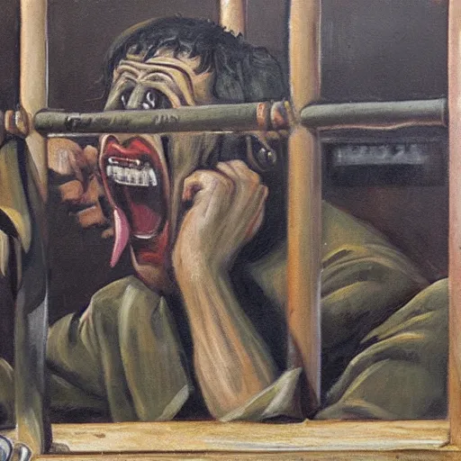 Image similar to a screaming prisoner holding prison bars, realism old painting