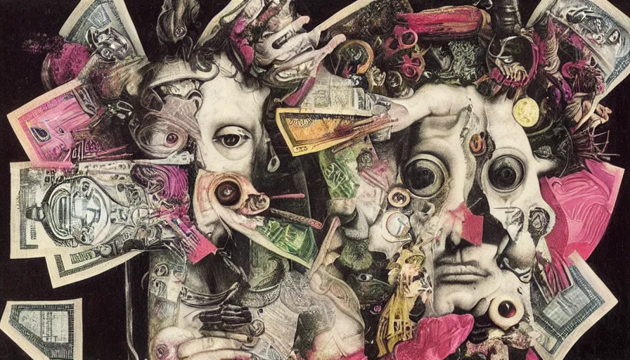 Image similar to post - punk new age album cover, asymmetrical design, dollar bank notes, capitalism, magic, apocalypse, psychedelic, black white pink, magic, giger h. r., giuseppe arcimboldo