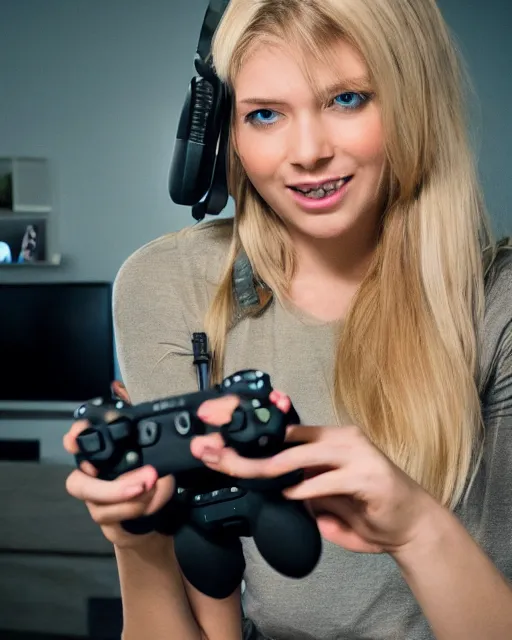 Image similar to a cute beautiful blonde woman with blue eyes playing game, holding controller, watching television displaying call of duty, intricate detail, cinematic composition