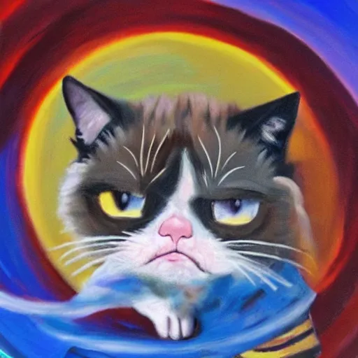 Prompt: A grumpy cat sitting on the top of planet earth in space, oil painting