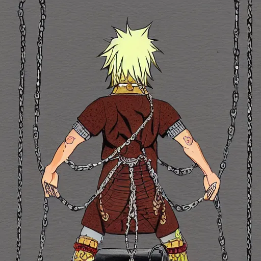 Prompt: A FULL BODY PORTRAIT FROM BEHIND OF MADARA UCHICHA ,THE MAN KEEPS A KUSARIGAMA AND IT IS WRAPPED IN CHAINS ,detailed, concept art, ink style , sketch