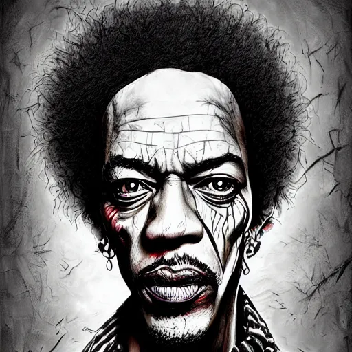 Image similar to surrealism grunge cartoon portrait sketch of Jimi Hendrix, by michael karcz, loony toons style, freddy krueger style, horror theme, detailed, elegant, intricate