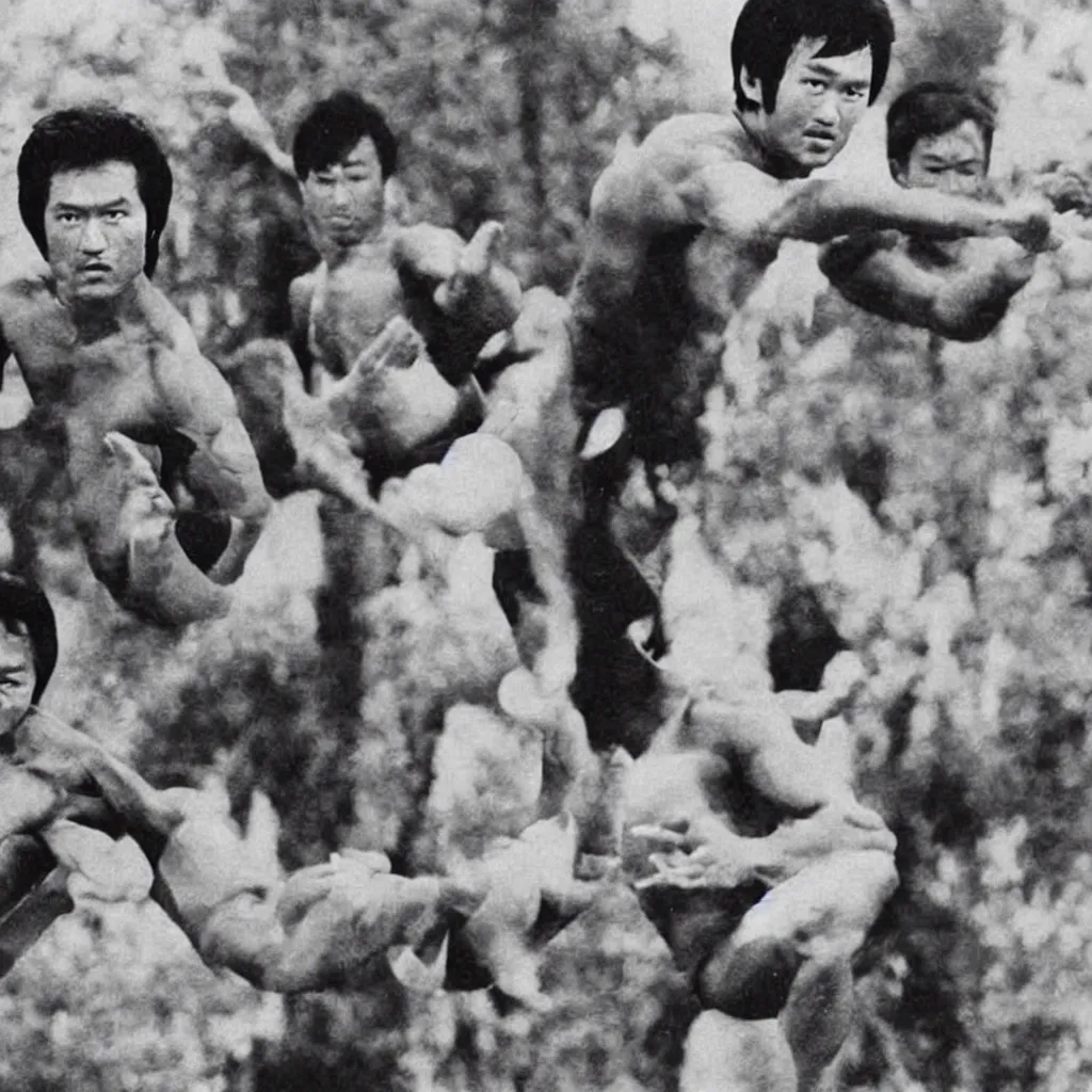 Prompt: nepali actor rajesh hamal fighting bruce lee in a historic old photograph