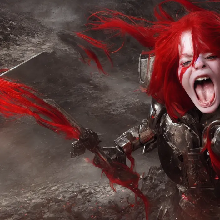 Image similar to a girl with a long red hair wearing a full-body red plate armor screaming in a battlefield, anatomically correct, hyperrealistic, concept art, octane render, unreal engine 5, 8K HDR, highly detailed, high quality, fantasy armor