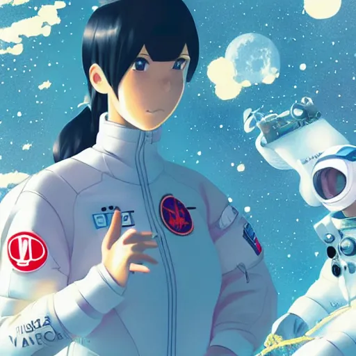 Image similar to model pixar kim kardashian light novel illustration as an astronaut by makoto shinkai by victo ngai by