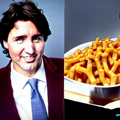 Prompt: Justin Trudeau holding authentic quebec poutine for a 1990s sitcom tv show, Studio Photograph, portrait