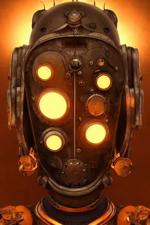 Image similar to steampunk mask minimalist fantasy art robot ninja helmet, global illumination ray tracing hdr fanart arstation by sung choi and eric pfeiffer and gabriel garza and casper konefal radiating a glowing aura