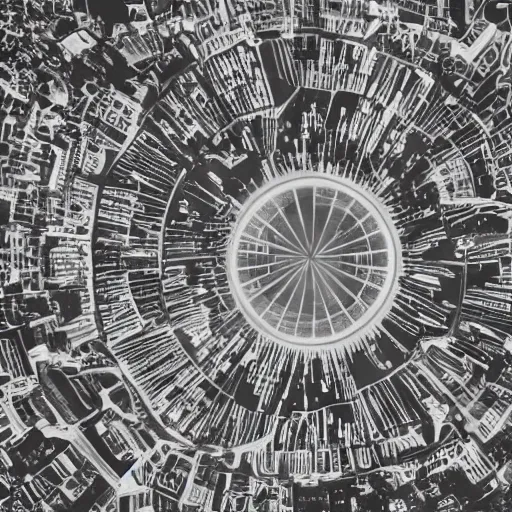 Image similar to a perfect circle where the inside is empty blank space and around the outer edge of the circle is the silhouette of a city skyline, black and white, minimalist, in the style of a charcoal drawing, made by david mellen