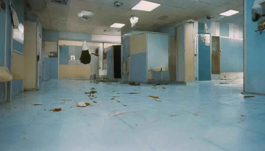 Image similar to 60s movie still of white japanese female phantoms bloody in an empty soviet stalinist style hospital with yellow tiles floor with light blue beds, cinestill 800t 35mm technicolor, heavy grain, high quality, higly detailed, liminal space